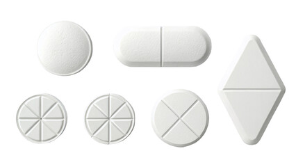 White tablets and pills various shapes and sizes are displayed against transparency background, showcasing their smooth surfaces and distinct forms. arrangement highlights diversity pharmaceutical