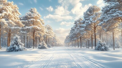 Fototapeta premium A snowy road in the middle of a snowy forest