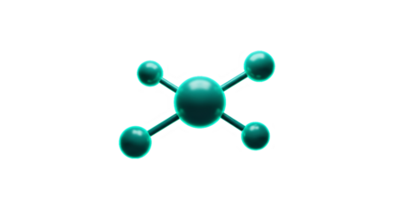 A teal molecule structure with five spheres connected by rods on a black background render on transparent background