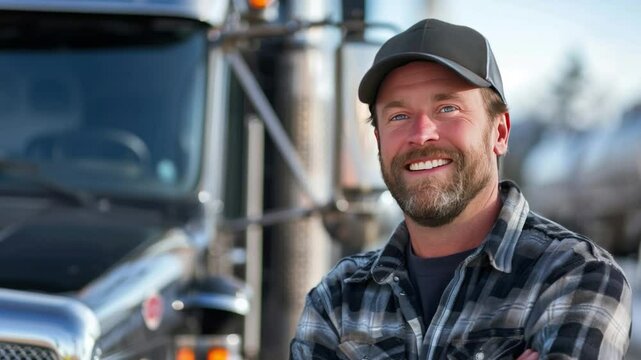 A friendly and professional truck driver poses confidently next to his large truck. The scene suggests dependability and the role of transport