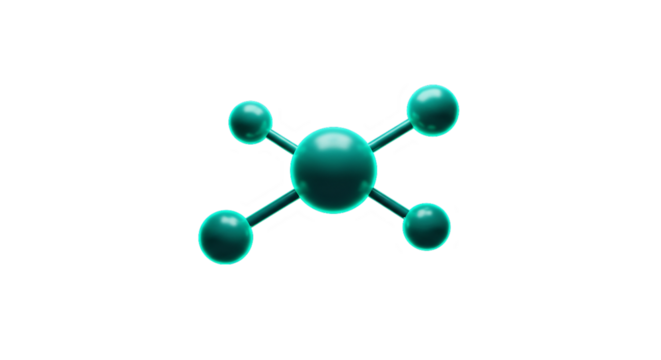 A teal molecule structure with five spheres connected by rods on a black background render on transparent background - Powered by Adobe