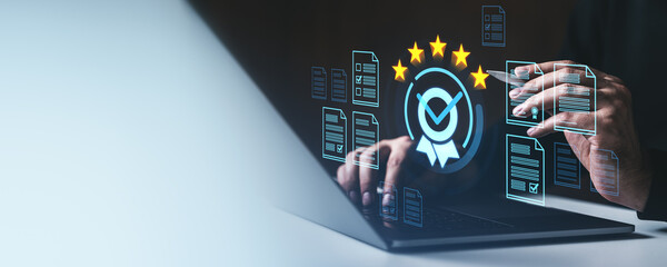 Digital certification and compliance documents with quality assurance icons on screen.