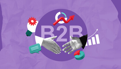 B2B collaboration concept with handshake and growth elements on purple background.