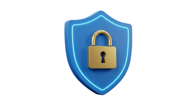A golden padlock on a blue shield with a neon blue outline on a black background illustration on transparent background