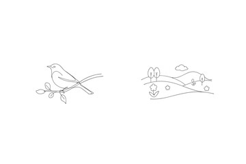 Minimalist Spring Scenes Bird On Branch And Flowery Landscape Outlines