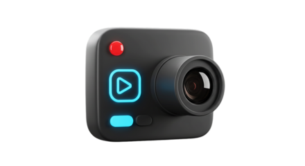A close up of a small gray camera with a red button and blue play button on a black background on transparent background