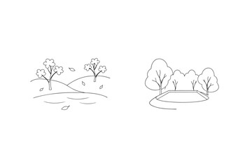 Simple Black And White Outlines Of Landscapes With Trees And Water