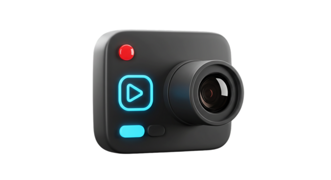 A close up of a small gray camera with a red button and blue play button on a black background on transparent background
