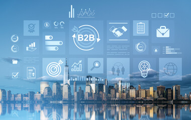 B2B business icons over modern city skyline with blue sky background concept..
