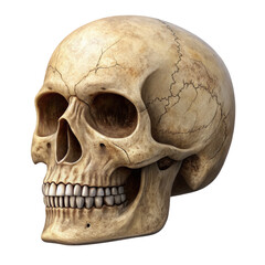 Naklejka premium realistic human skull model showcasing intricate details and textures, emphasizing its natural color and structure. This evokes sense of curiosity and fascination with anatomy and history