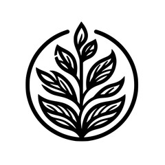 Minimalist Leafy Branch Logo in Circle, Black and White