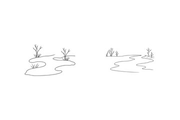 Minimalist Vector Landscape Line Art Of River And Bare Trees In Winter