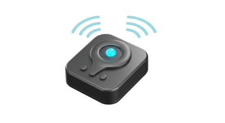 A dark gray square device with a blue light and wifi signals on a black background illustration on transparent background