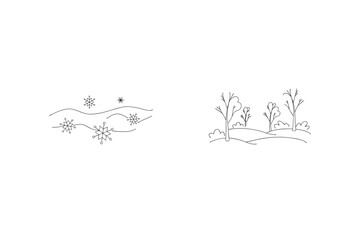 Winter Landscape In Outline Style With Snowflakes And Trees Vector Illustration