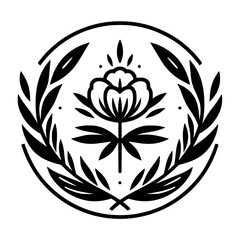 Elegant Floral Crest: Monochrome Flower and Laurel Wreath Design