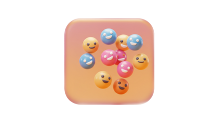 A collection of colorful smiley face balls on a gradient peach background in a square format on transparent background
