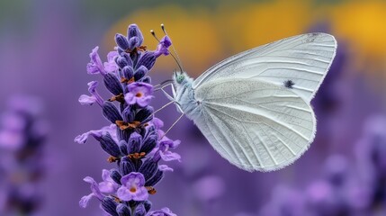 Naklejka premium A white butterfly sitting on a purple flower