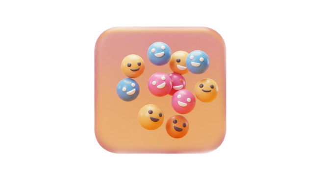 A collection of colorful smiley face balls on a gradient peach background in a square format on transparent background