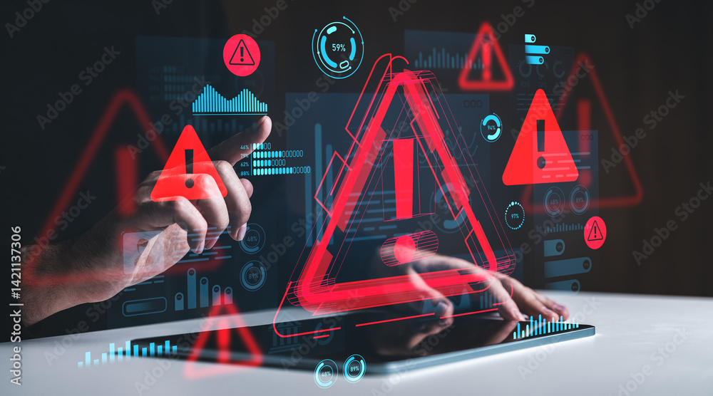 Poster cybersecurity alert concept with hands interacting with digital warning symbols and data charts on f