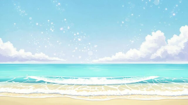 Animated Beach Scene with Turquoise Water White Clouds and Sparkling Sky Depicting a Serene Coastal Landscape