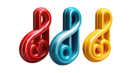 Obraz premium Musical Notes in Color: A close-up shot features three vibrant, glossy musical notes in red, blue, and yellow, arranged in a row. Each treble clef is intricately detailed.