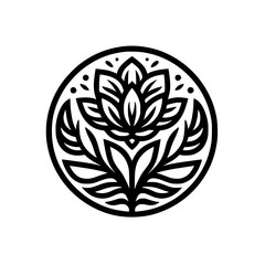 Lotus Flower Logo in a Circle, Minimalist Black and White Design