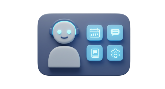 A digital assistant with calendar, chat, book, and settings icons on a blue background on transparent background
