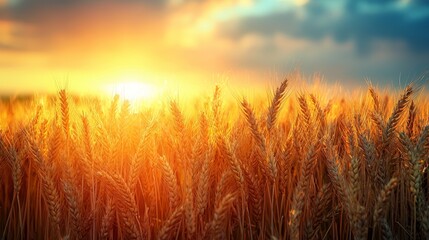 Obraz premium A field of ripe wheat with the sun setting in the background