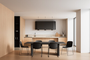 Modern minimalist kitchen interior with wooden cabinets, matte furniture, and pendant lighting in a bright open plan space. 3D Rendering