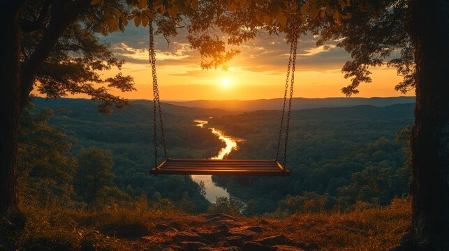 Dreamy sunset panorama with tree swing, embracing nature's beauty and serenity in golden light
