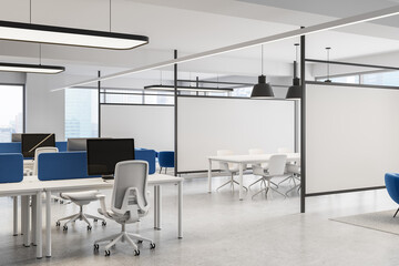 Modern open-plan office interior with collaborative workstations and meeting area, featuring clean white design and blue accents. 3D Rendering