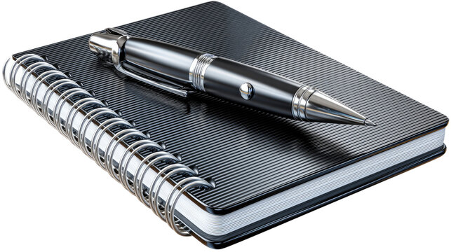 Elegant Stationery Setup: A sleek, black notebook with a spiral binding, exquisitely paired with a high-end, black pen, positioned perfectly on top, epitomizing a fusion of class and simplicity.
