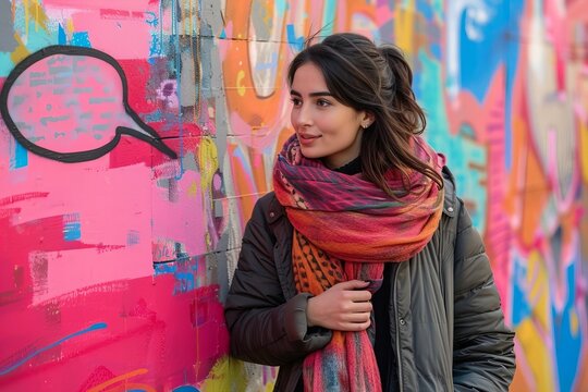 The Power of Words and Communication: A Woman Holding a Speech Bubble in Front of a Vibrant Mural