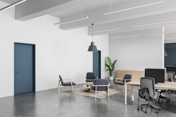 Modern office interior with minimalist furniture, blue doors, plants, and gray flooring in open-plan layout with neutral tones and natural lighting. 3D Rendering
