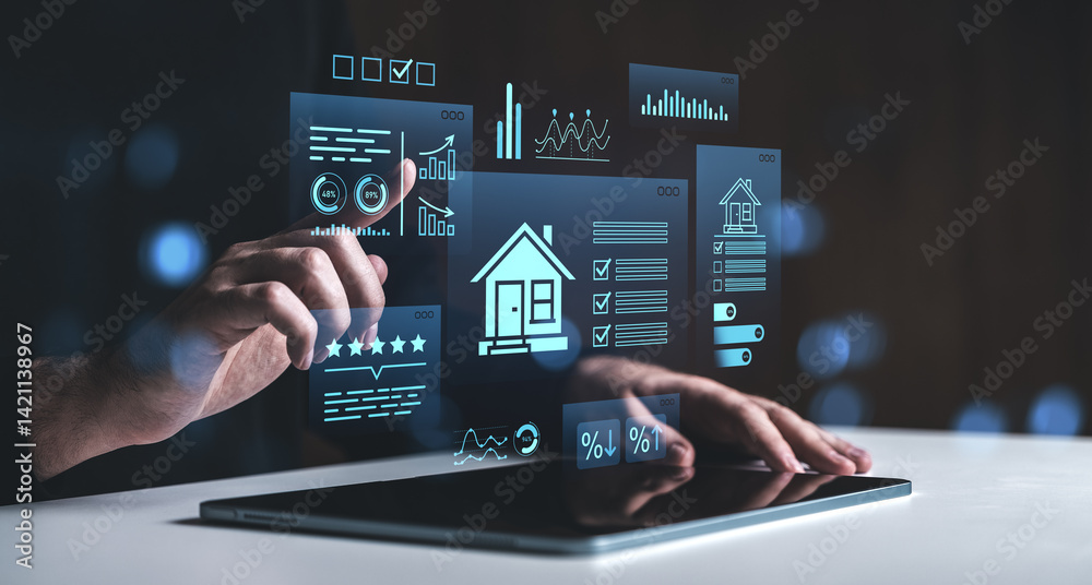 Poster digital real estate analytics interface with futuristic data visuals and touchscreen interaction on 