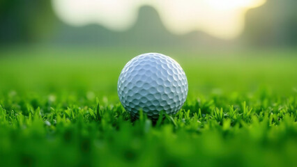 Golf ball lying on green grass in the light of the morning sun