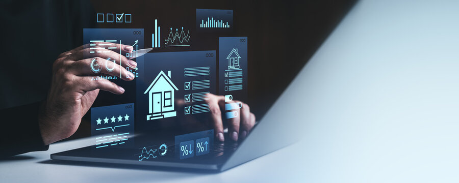 Futuristic digital real estate analytics interface with holographic charts and data on creative background with modern technology theme concept.