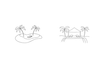 Tropical Island Vacation Concept With Palm Trees And Beach Loungers Simple Line Art