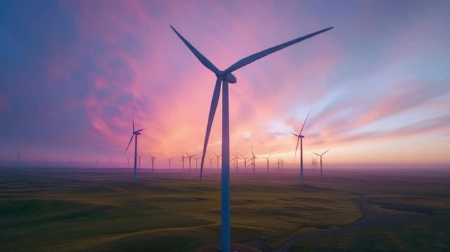 Wind Turbines: Capturing the serene beauty of sustainable energy, windmills stand tall against a canvas of vibrant, pastel-colored clouds, a testament to eco-conscious innovation and a greener future.