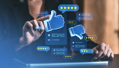 Woman interacting with floating thumbs up and rating icons on screen interface.