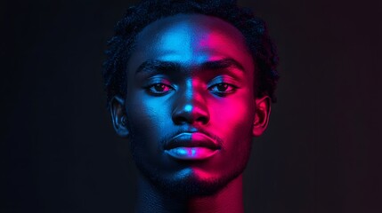 Dramatic neon lit portrait of a serious young African man in a studio setting