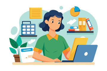 Illustration of a young woman working from home, using a laptop surrounded by office supplies, conveying productivity and creativity in a home office setting.
