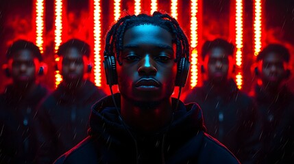 Fototapeta premium Emotive portraits of young people with headphones in neon lit environment