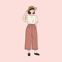 Vector illustration A cheerful woman in a hat, t-shirt, and wide pants smiles with her hand on her hat