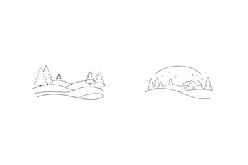 Winter Landscape Outline With Trees And Hills Minimalist Christmas Scene Design