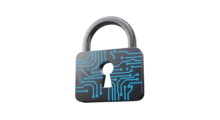 A digital padlock with a circuit board design isolated on a black background in a studio shot on transparent background