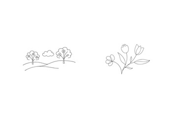 Simple Landscape With Flowers And Trees Hand Drawn Outlines For Coloring
