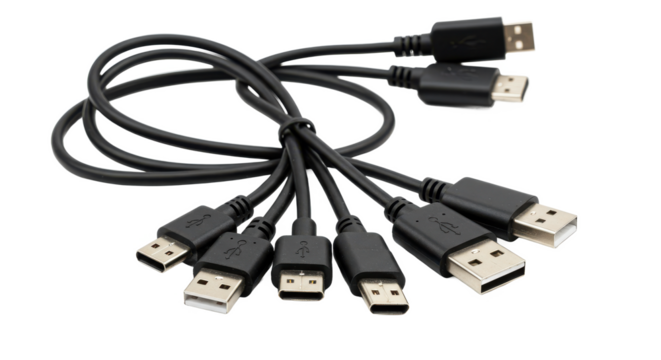 A tangled bundle of black usb cables with different connector types on a black background isolated
