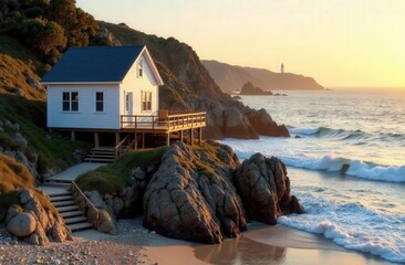 wooden beach house perched on rocky cliffs, white shutters and a blue roof