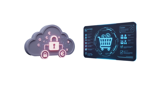 Cloud security with digital shopping cart interface on a black background illustration on transparent background - Powered by Adobe